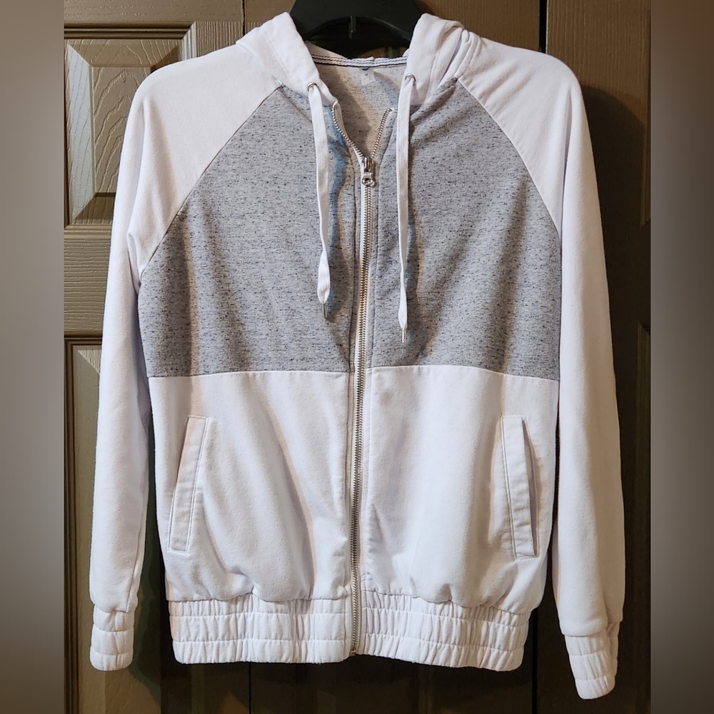 MTA SPORT, Womens Medium, White/Grey Hooded Sweatshirt Full Zip Up Front